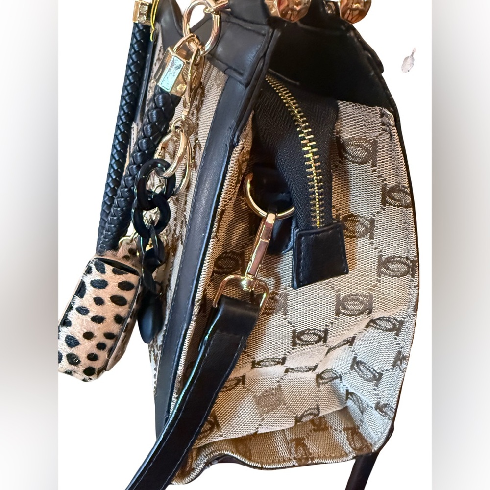 Bebe NWT Black Brown Rhinestone Studs Shoulder Satchel Bag & Leopard Bag Charm - Picture 5 of 12